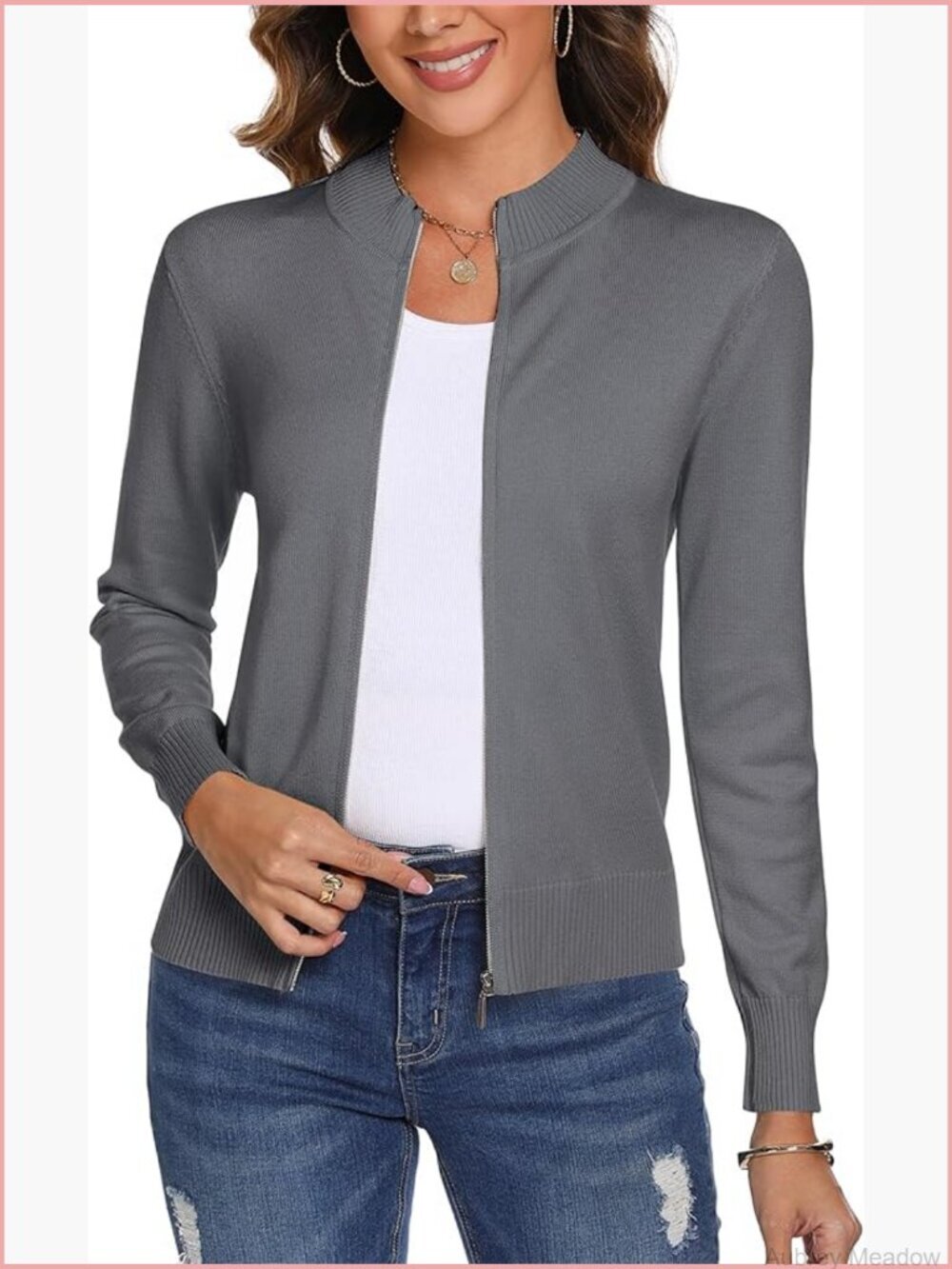 Womens Long Sleeve Knitted Zip Up Cardigan Sweater Lightweight Zipper Jacket